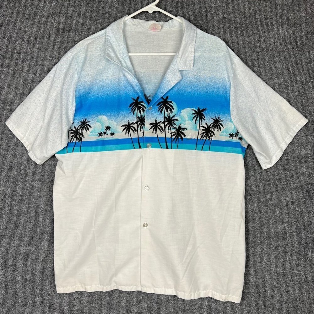 Vintage Star On The Beach Tropical Palm‎ Trees Button Down Shirt SZ L USA